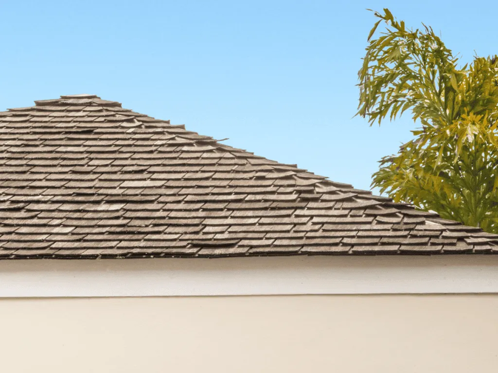 Aging cedar shake roof showing weathering and moss growth on a Florida home after 15 years