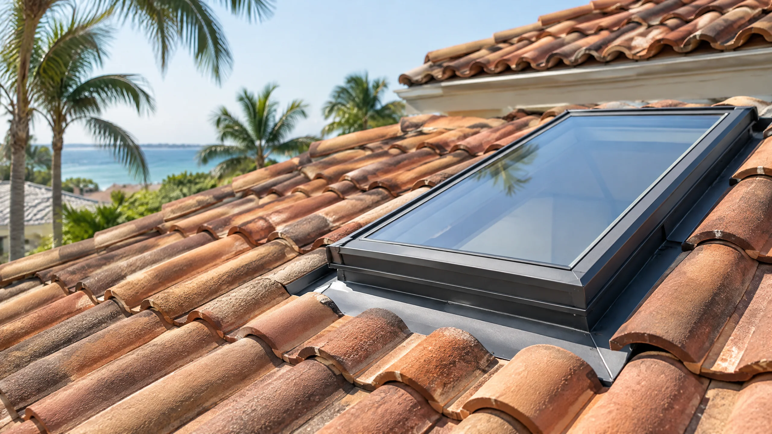 Professionally sealed skylight on a Clearwater coastal tile roof