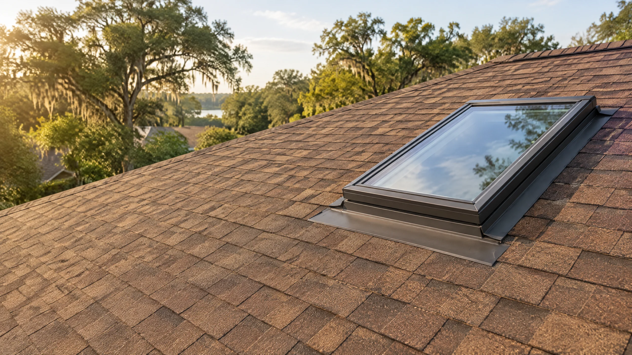 Residential skylight installation with step flashing on a Lakeland roof